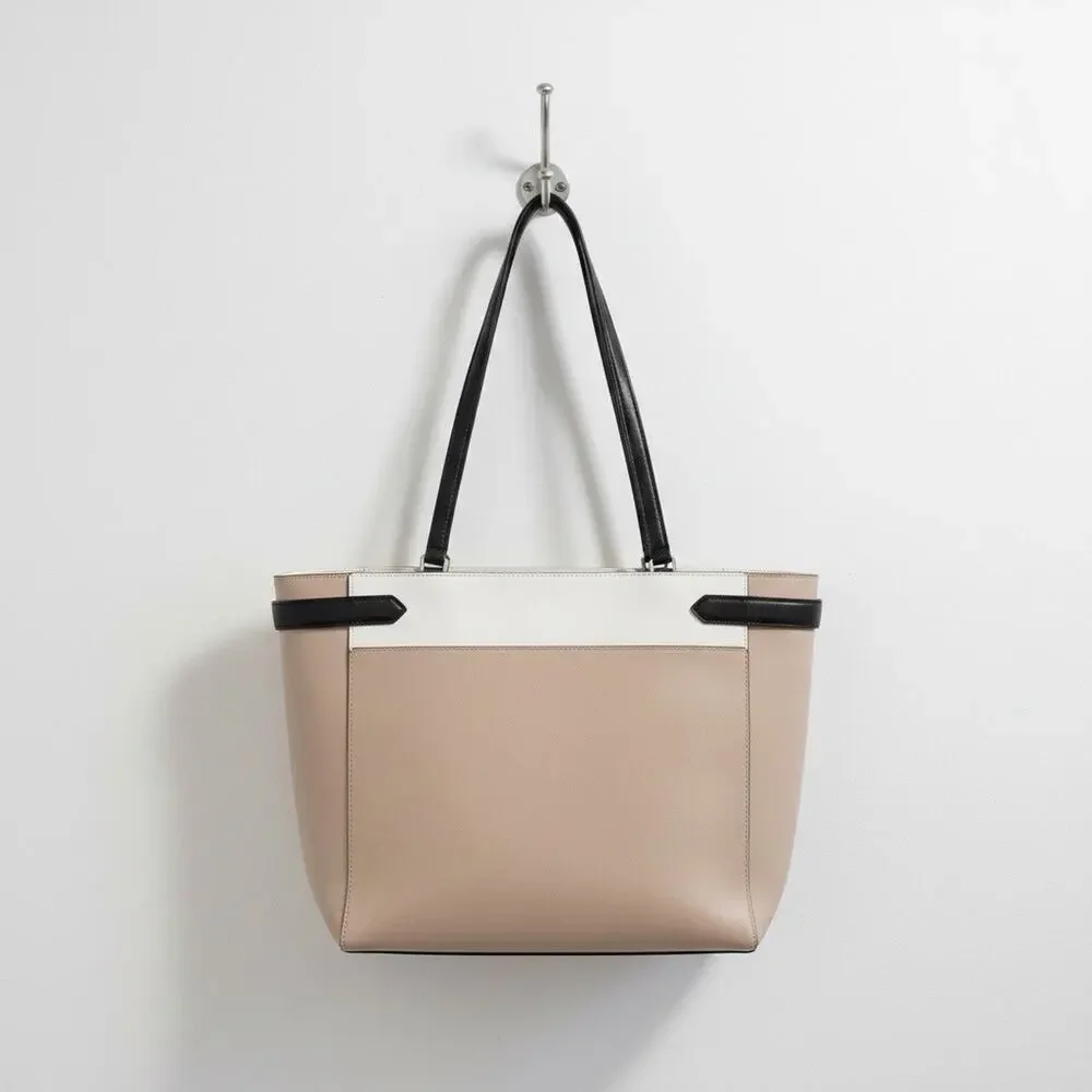 Kate Spade Staci Tote Colorblock Saffiano Leather Laptop Work Bag Beige White